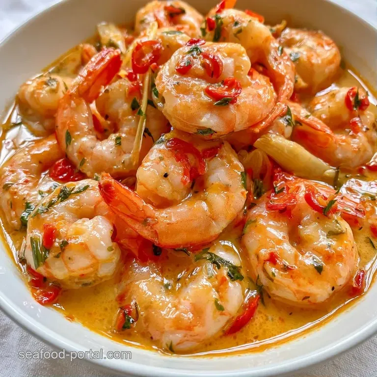 A white ceramic bowl of vibrant red broth filled with plump shrimp, sliced chilies, and bright green cilantro.