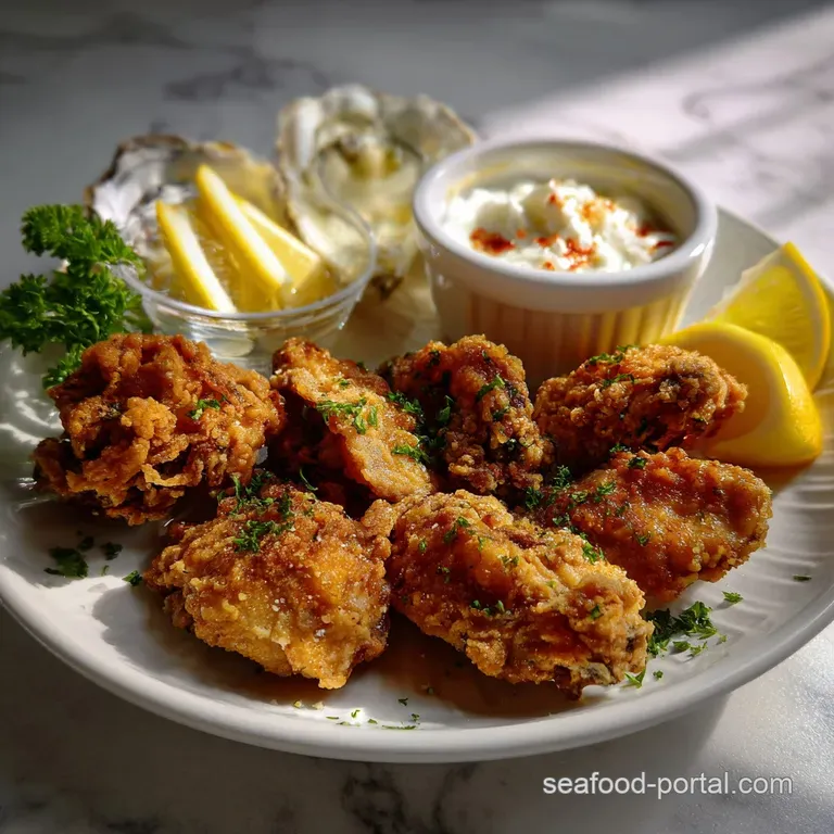 Perfectly fried oysters arranged artfully on a dark plate, with a creamy remoulade and a garnish of microgreens. Elegant a...