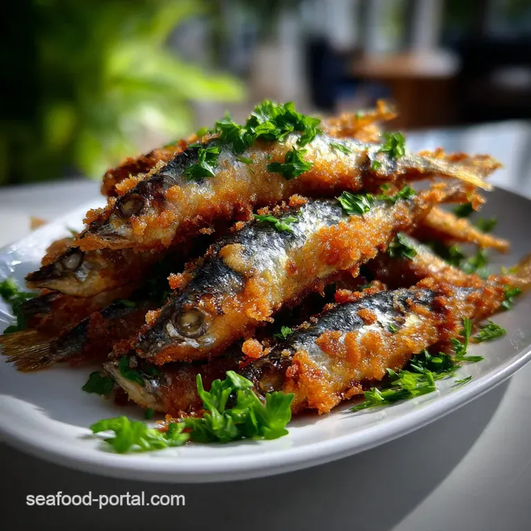 Beautifully plated fried sardines with vibrant lemon wedges and fresh parsley sprigs, offering a delightful contrast of co...