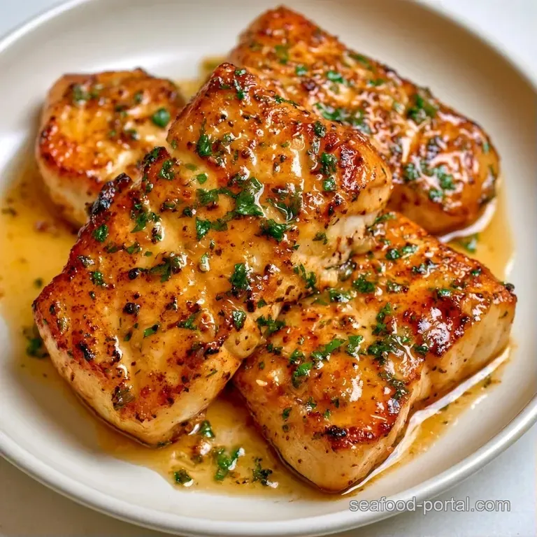 Flaky white fish fillet on a white plate, drizzled with golden garlic butter and garnished with bright green parsley.