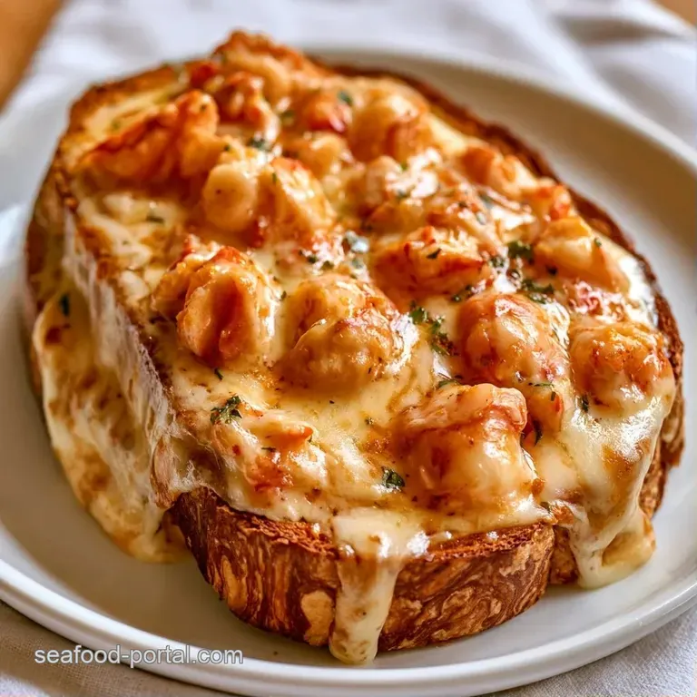 Two grilled sandwich halves on a white plate with melted cheese oozing over succulent lobster and tangy sauerkraut.