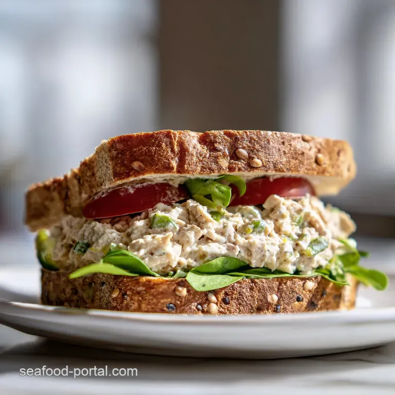 A perfectly cut tuna salad sandwich half, revealing creamy filling, artfully arranged on a white plate.