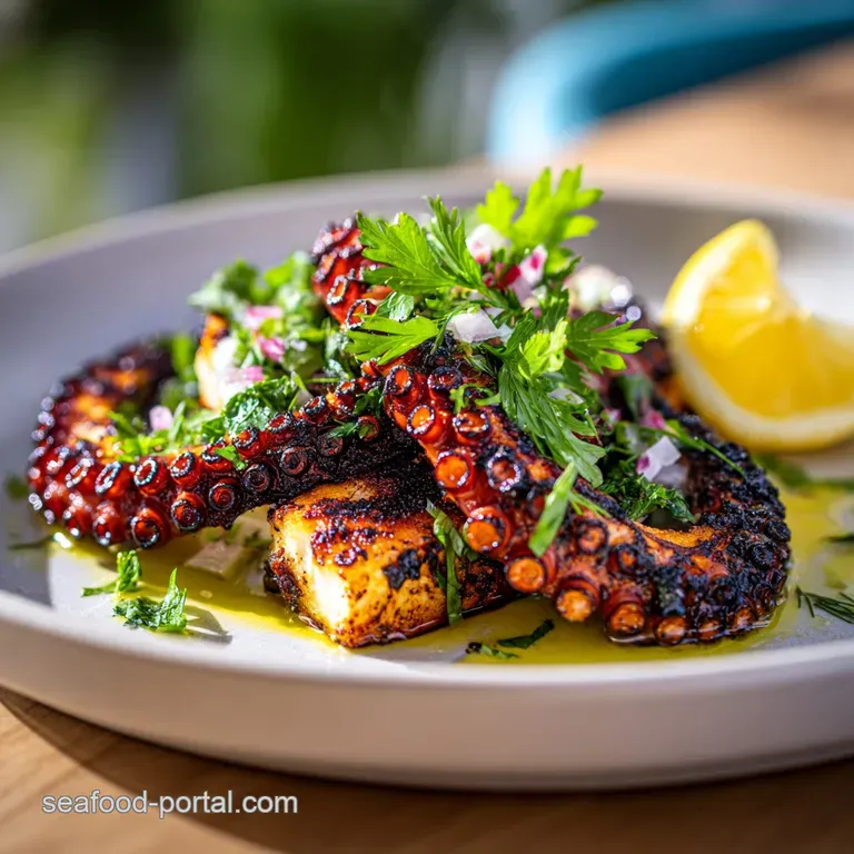 Elegant plating of tender grilled octopus, drizzled with vibrant green herbs and olive oil, creating a Mediterranean maste...