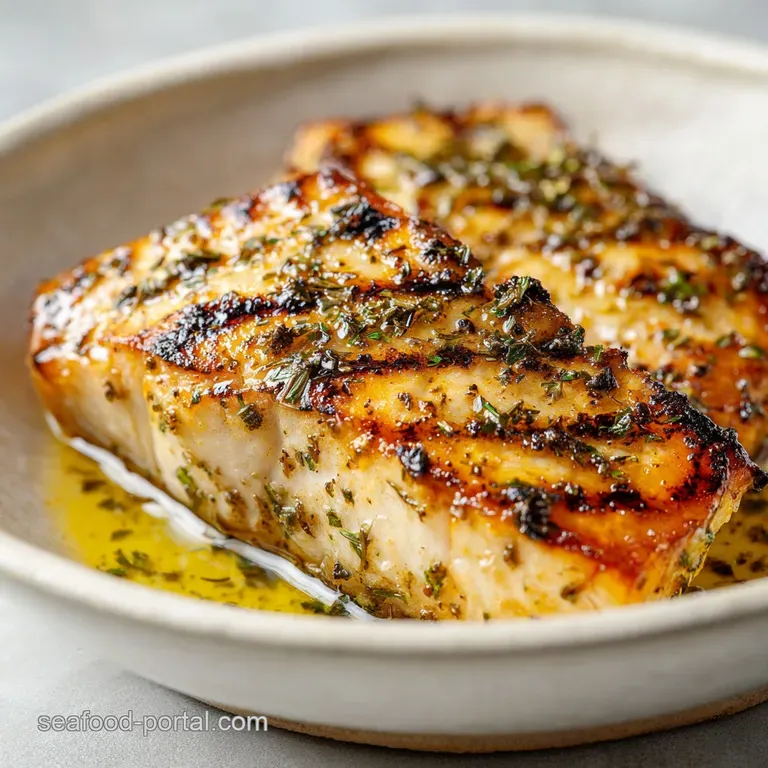 Sliced grilled white fish on a slate platter, garnished with thin lemon slices and a drizzle of herb-infused oil.