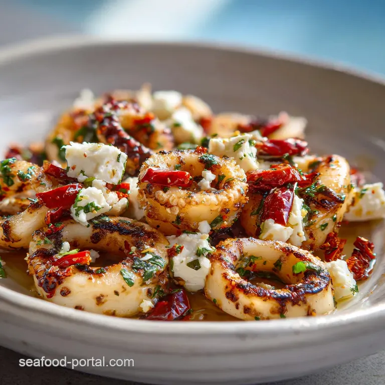 Perfectly charred calamari rings artfully arranged on a plate, adorned with vibrant red chilis and roasted garlic, a drizz...