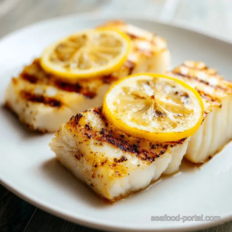 Flaky white fish fillet topped with charred lemon slices and fresh parsley on a minimalist ceramic dinner plate.