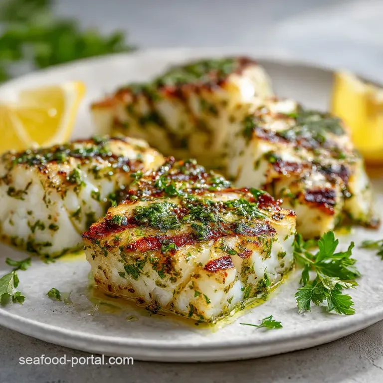 Perfectly grilled cod fillet plated with vibrant herbs and lemon slices. A delicious and healthy, quick meal.