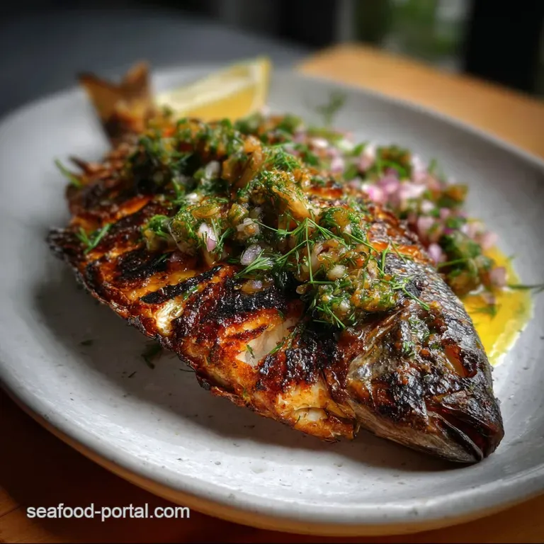 Perfectly plated dorado fillet with crispy skin, drizzled with a rich sauce. Garnished with fresh herbs and a bright lemon...