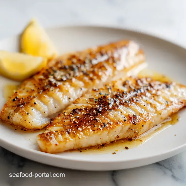 Elegant white fish fillet with charred edges, paired with vibrant green asparagus and a zesty lemon wedge.
