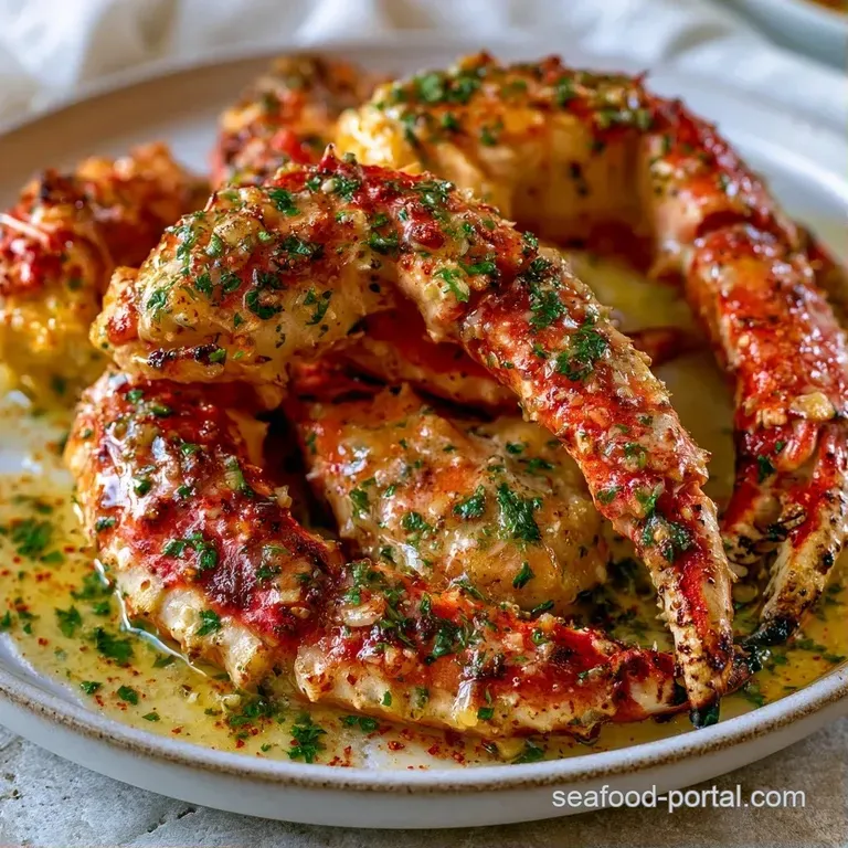 Bright red crab legs arranged on a white platter with fresh parsley sprigs and a side of melted garlic butter.
