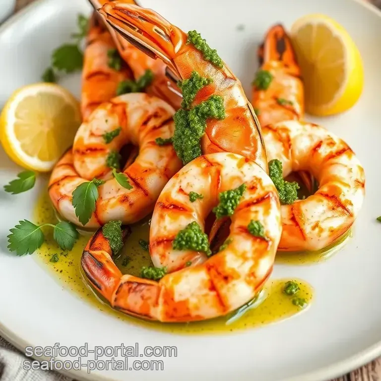 Grilled King Prawns with Homemade Pesto presentation
