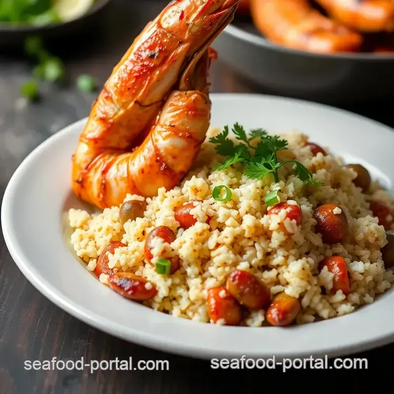 Grilled King Prawns with Savory Rice presentation