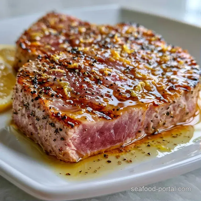 Sliced seared tuna on a white ceramic plate paired with vibrant microgreens and a wedge of bright yellow lemon.