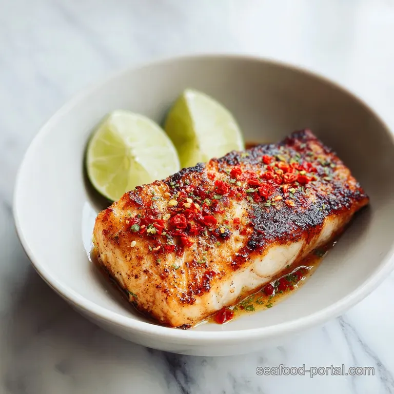 Seared white fish fillet atop a swirl of mango salsa, garnished with a microgreen salad on a matte black plate.