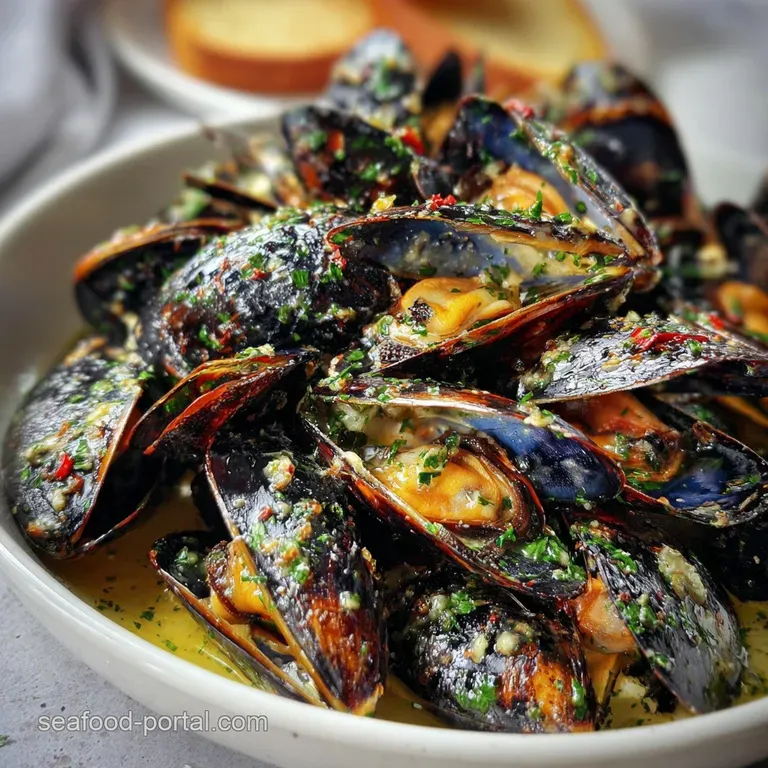 Plated grilled mussels, bright green parsley garnish, crusty bread slices, a rustic wooden background evoking a seaside am...