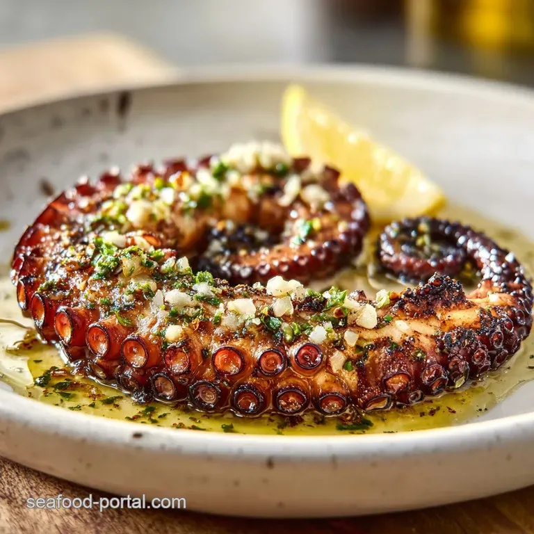 Perfectly grilled octopus tentacle with blistered skin, dressed with lemon, herbs and oil on a modern plate. A culinary ma...