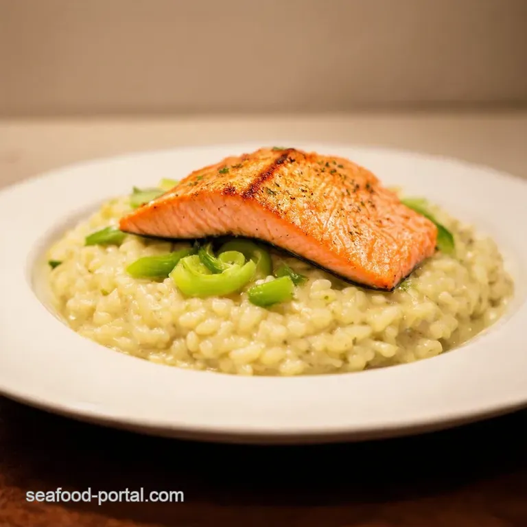 Grilled Salmon with Creamy Leek Risotto presentation