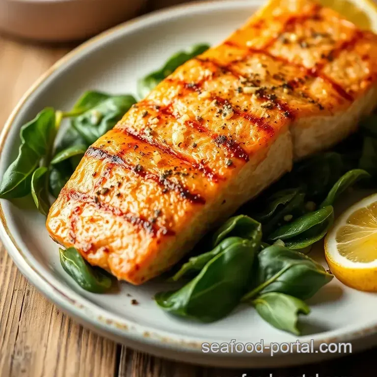 Grilled Salmon with Garlic Spinach Delight presentation