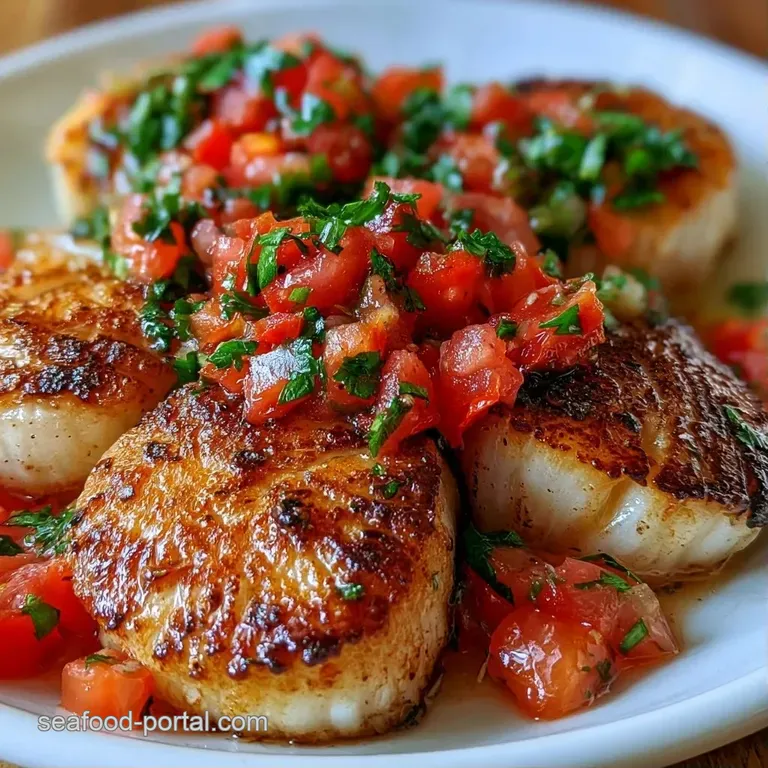 Three seared scallops arranged neatly atop a colorful tomato and onion salsa, finished with a drizzle of olive oil.