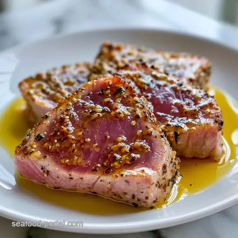 Slices of charred tuna on a minimalist white plate with savory oil droplets, microgreens, and a lemon wedge.
