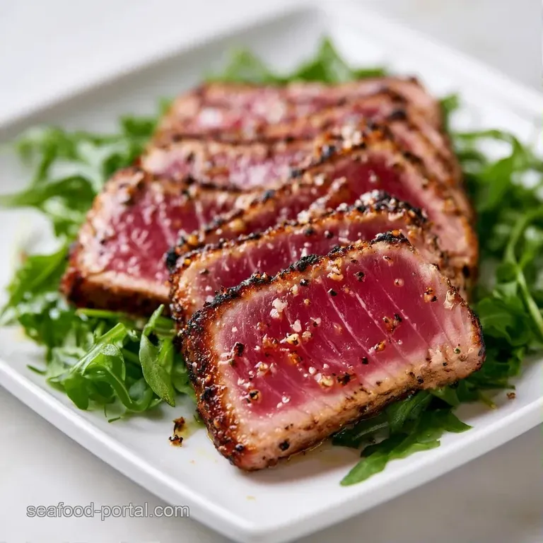 Slices of seared tuna atop a bed of wild arugula, Kalamata olives, and sun-dried tomatoes drizzled with golden oil.