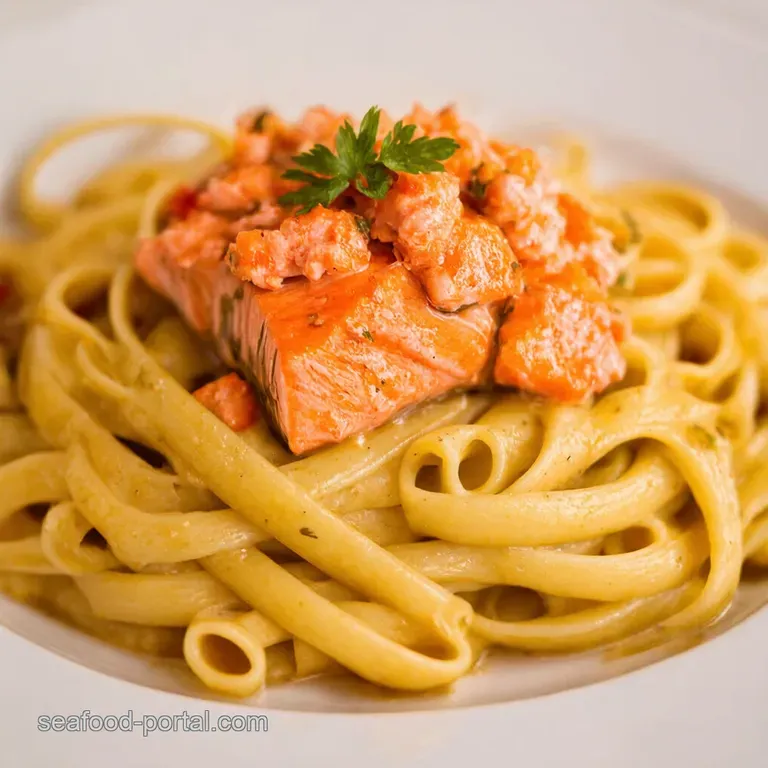 Handtwisted Pasta with Salmon Carrot Tartare Sauce presentation