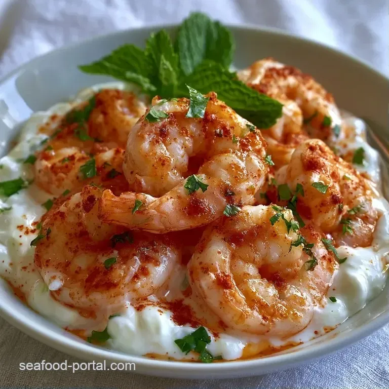 Plump pink shrimp tossed in creamy white sauce, garnished with fresh dill on a sleek modern ceramic plate.