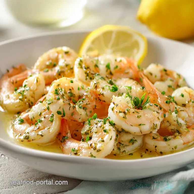 A single serving of saut&eacute;ed shrimp artfully arranged on a white plate, glistening with sauce and sprinkled with fresh pars...