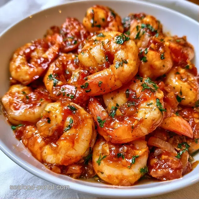 A white ceramic bowl filled with succulent shrimp in a glossy red sauce, garnished with fresh green parsley sprigs.