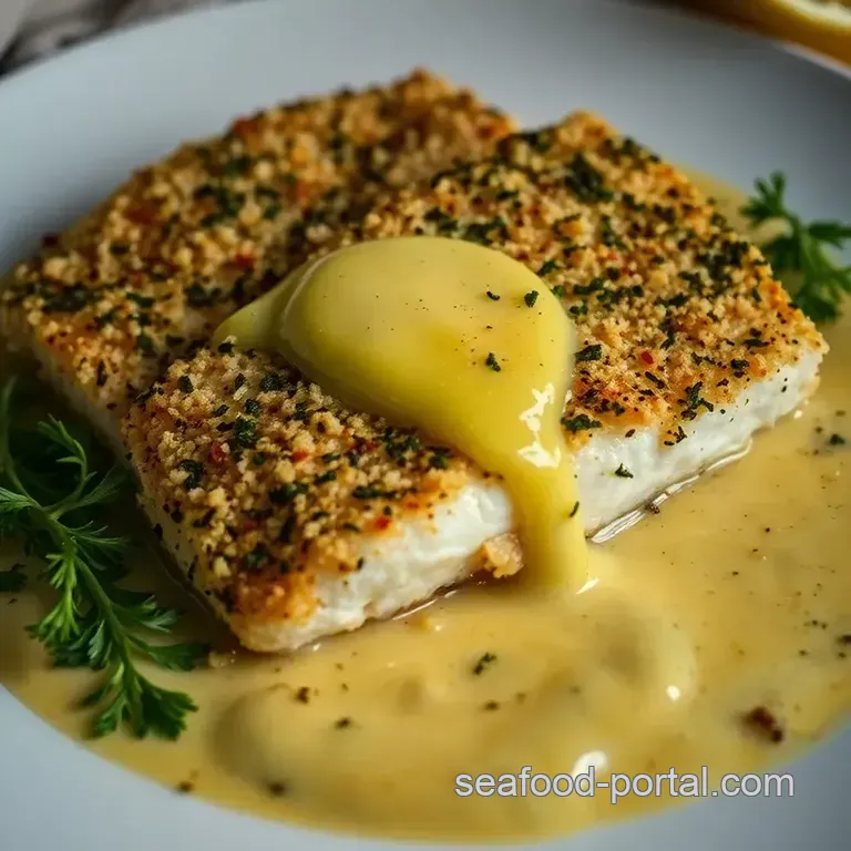 Herb-Crusted Baked Haddock with Lemon Butter Sauce presentation