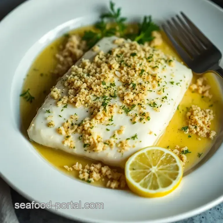 Herb-Crusted Halibut with Lemon Butter Sauce presentation