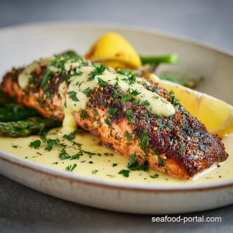 Herb-crusted salmon fillet served atop vibrant green asparagus, drizzled with creamy aioli; a simple, elegant presentation.