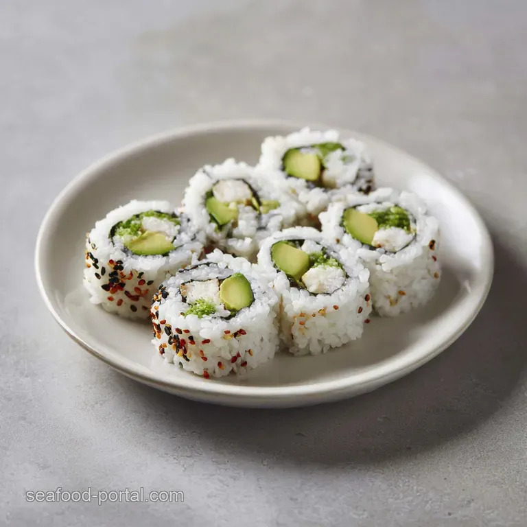 Artfully sliced sushi rolls with vibrant green avocado and crisp cucumber, glistening on a dark plate.