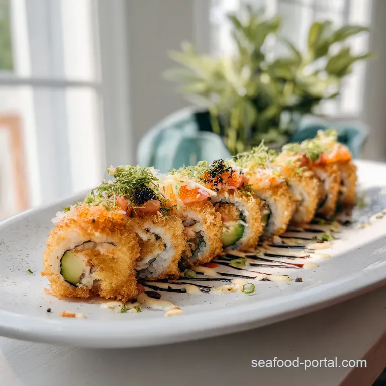 Crispy, deep-fried sushi pieces artfully arranged with vibrant green garnishes on a white plate.