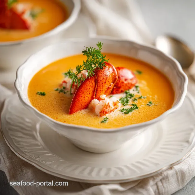 A steaming bowl of lobster bisque, elegantly presented with a dollop of cr&egrave;me fra&icirc;che and a sprinkle of chives.