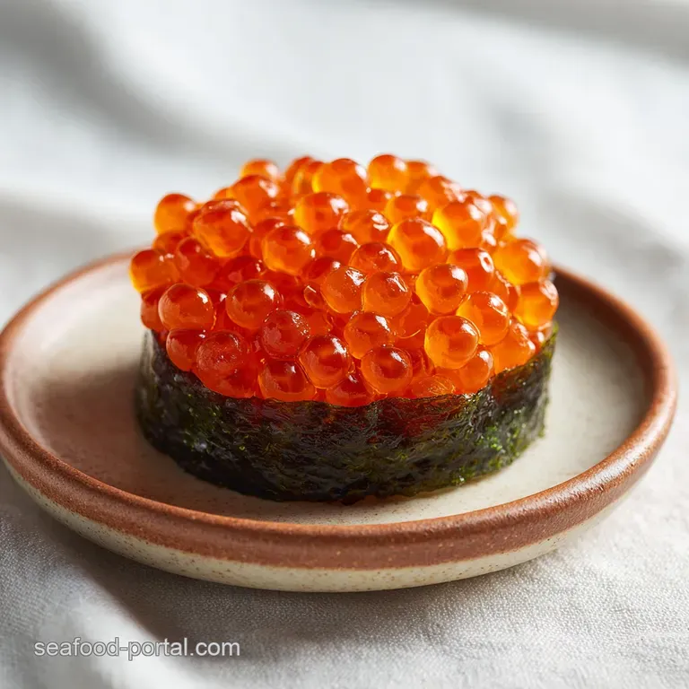 An artfully arranged plate of salmon roe sushi, vibrant roe bursting against dark nori and pale rice.