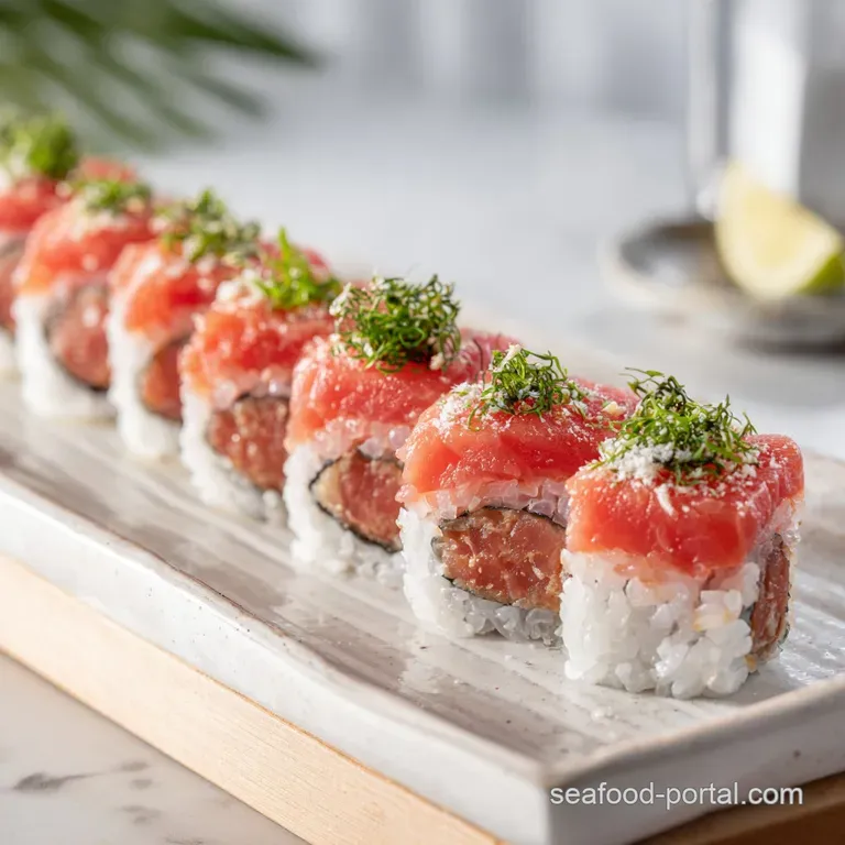 A neat stack of tuna sushi rolls on a slate plate, garnished with delicate ginger and wasabi.