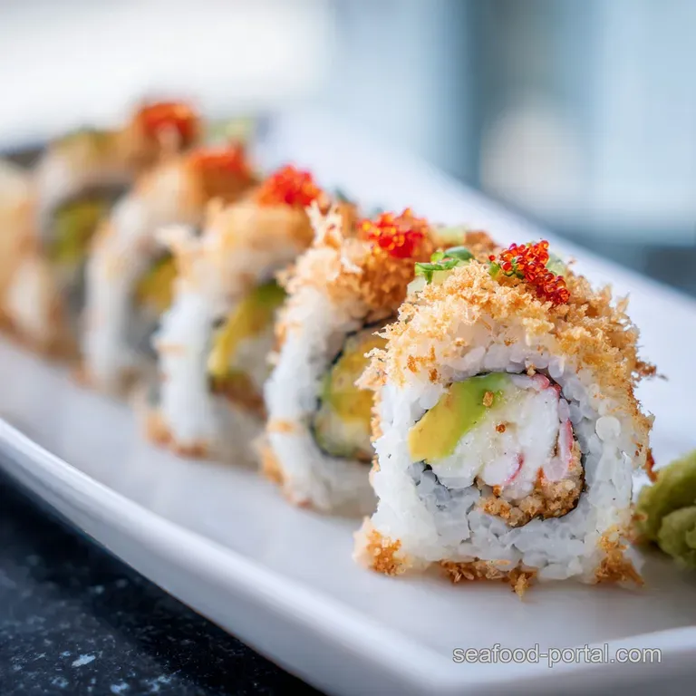 A perfectly rolled sushi, showcasing vibrant orange roe against dark nori and creamy avocado.