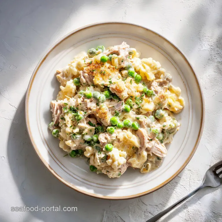 A creamy swirl of tuna casserole topped with vibrant green herbs on a white plate.