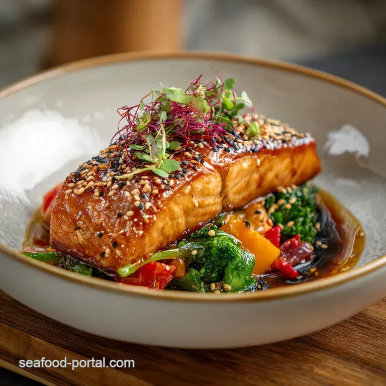 Honey-glazed salmon fillet rests on fluffy rice. Garnish of vibrant greens and sesame seeds add texture to the elegant plate.