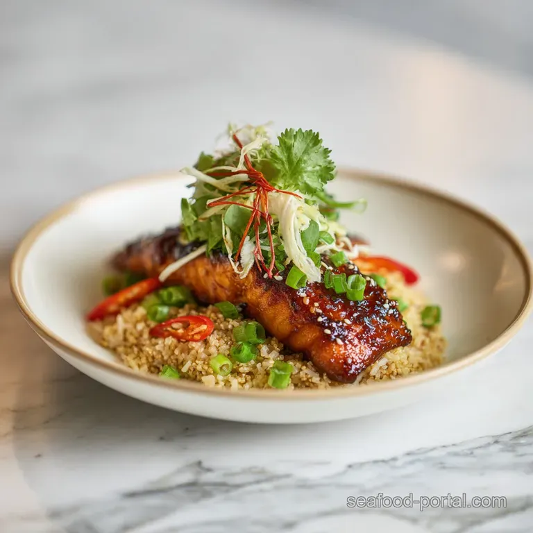 A perfectly seared salmon steak with a glossy honey-soy sheen, artfully arranged with edamame.