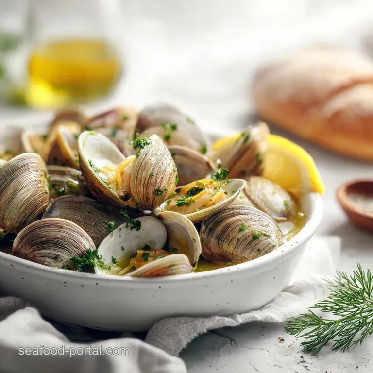Steaming clams nestled in their shells, glistening with broth, artfully arranged in a white bowl with crusty bread.