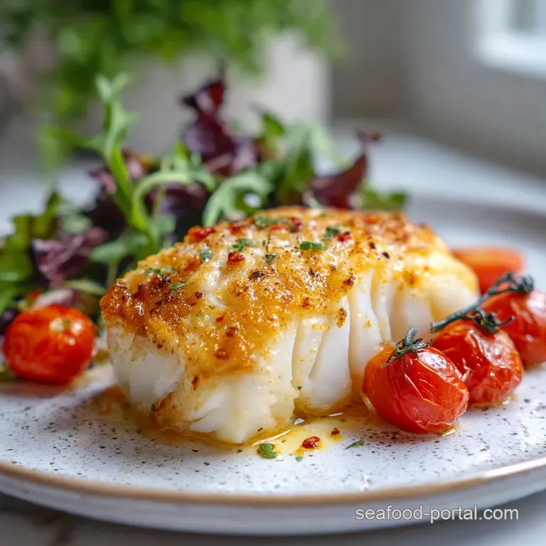 Delicate white cod fillet glistening with butter, artfully arranged on a plate with bright green herbs and colorful roaste...