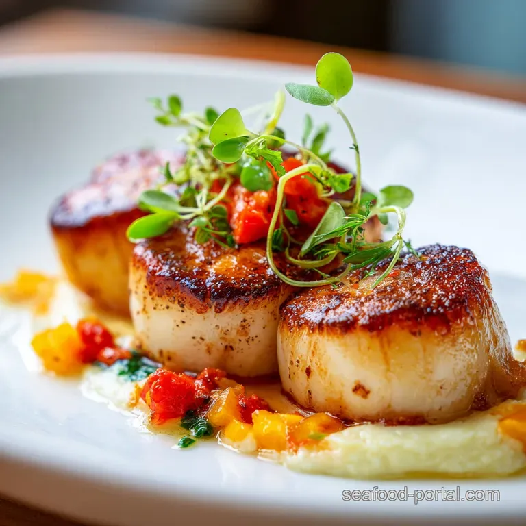 Elegant plate showcasing plump, seared scallops with a light golden crust, drizzled with a vibrant, glossy sauce and micro...