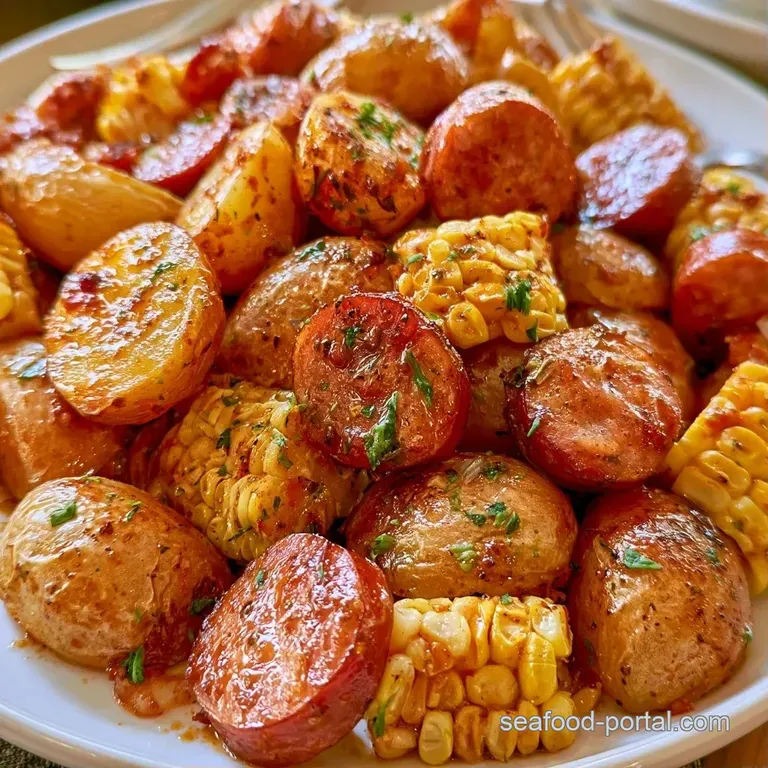 Elegant plated portion of halved baby potatoes and corn, sausage rounds, glossy butter sauce pooling beneath a lemon wedge.