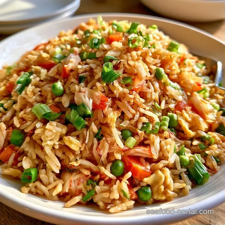 Plated mound of glossy fried rice with rosy imitation crab, golden egg, and green onion rings in a white bowl.