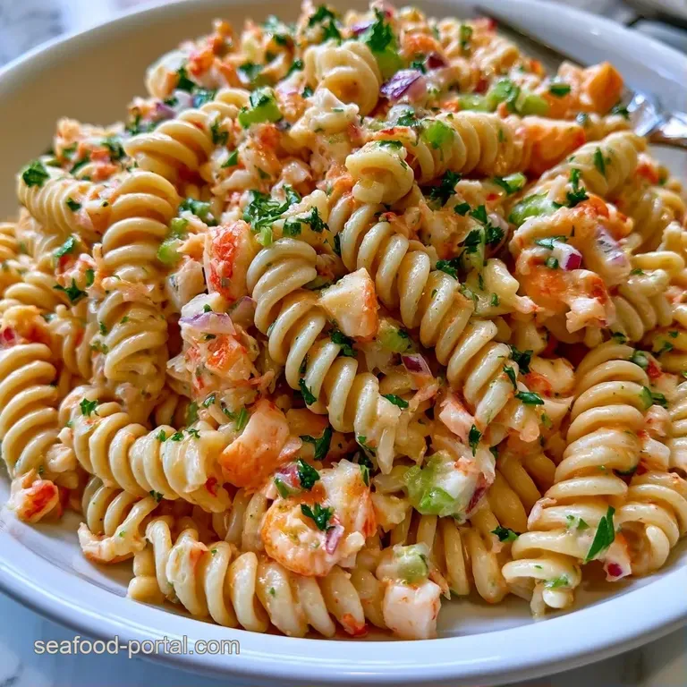 Chilled pasta salad mounded in a white bowl, glistening with mayonnaise, dusted with Old Bay and flecked with green herbs