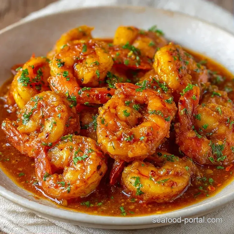Plump shrimp in a rich, golden-orange sauce served in a white bowl with a sprinkle of fresh green cilantro leaves.