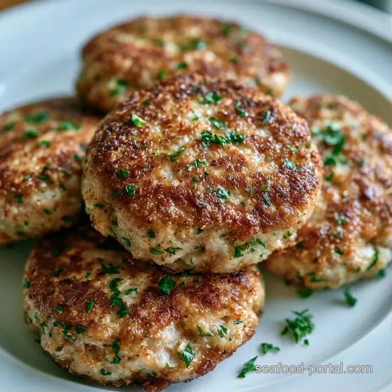 Three pan-fried patties stacked neatly with a dollop of creamy tartar sauce and a sprinkle of fresh parsley.