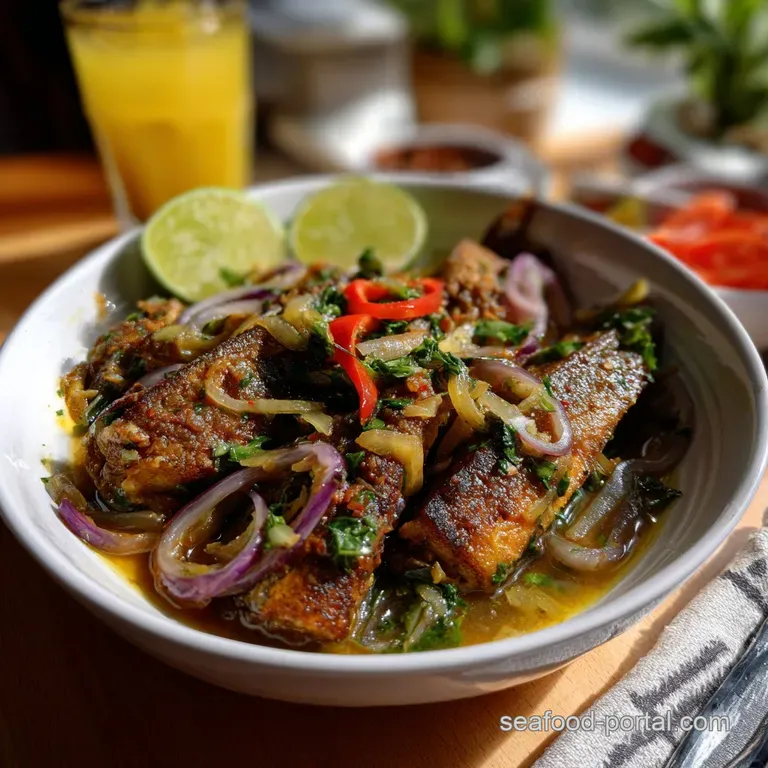 Escovitch fish fillet, glistening with sauce, nestled amongst vibrant pickled vegetables on a simple white plate. A flavo...